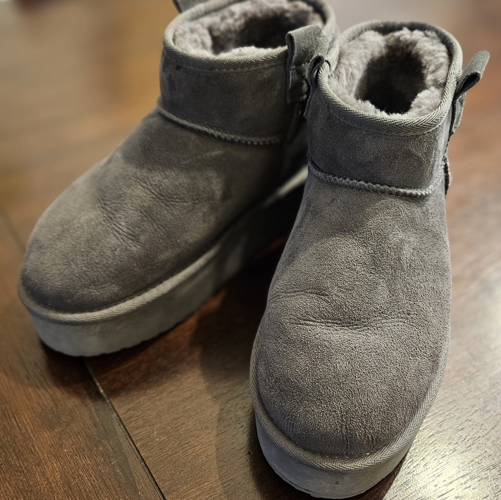 Emu Gray Suede Ankle Boots with Fur Lining